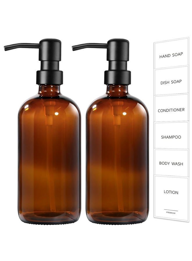 GMISUN Amber Glass Soap Dispenser, 2 Pack Bathroom Hand Soap Dispensers with Stainless Steel Pump, 17 Fl Oz Kitchen Hand and Dish Soap Dispenser Set, Modern Vintage Liquid Brown Soap Dispensers Bottle - Image 1