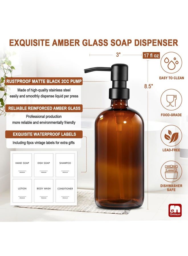 GMISUN Amber Glass Soap Dispenser, 2 Pack Bathroom Hand Soap Dispensers with Stainless Steel Pump, 17 Fl Oz Kitchen Hand and Dish Soap Dispenser Set, Modern Vintage Liquid Brown Soap Dispensers Bottle - Image 3