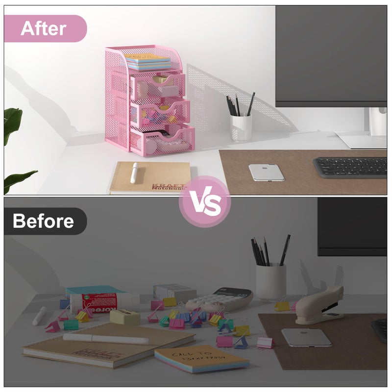 EasyPAG Mesh Desk Organizer with 3 Drawer Office Desktop Organizers and Accessories Stationery Caddy for Office, Home, Students, Pink - Image 4