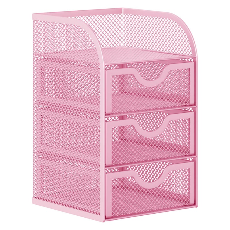 EasyPAG Mesh Desk Organizer with 3 Drawer Office Desktop Organizers and Accessories Stationery Caddy for Office, Home, Students, Pink - Image 2
