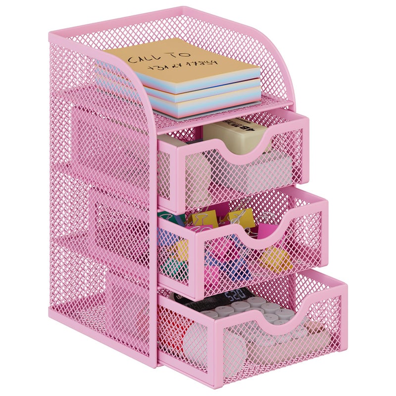 EasyPAG Mesh Desk Organizer with 3 Drawer Office Desktop Organizers and Accessories Stationery Caddy for Office, Home, Students, Pink - Image 1