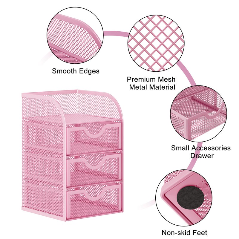 EasyPAG Mesh Desk Organizer with 3 Drawer Office Desktop Organizers and Accessories Stationery Caddy for Office, Home, Students, Pink - Image 3