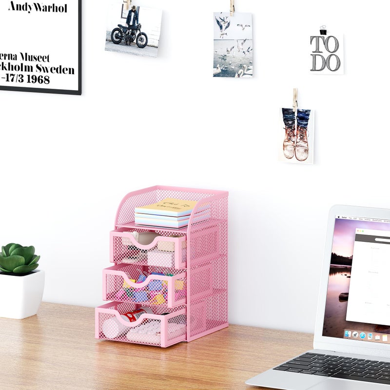 EasyPAG Mesh Desk Organizer with 3 Drawer Office Desktop Organizers and Accessories Stationery Caddy for Office, Home, Students, Pink - Image 5