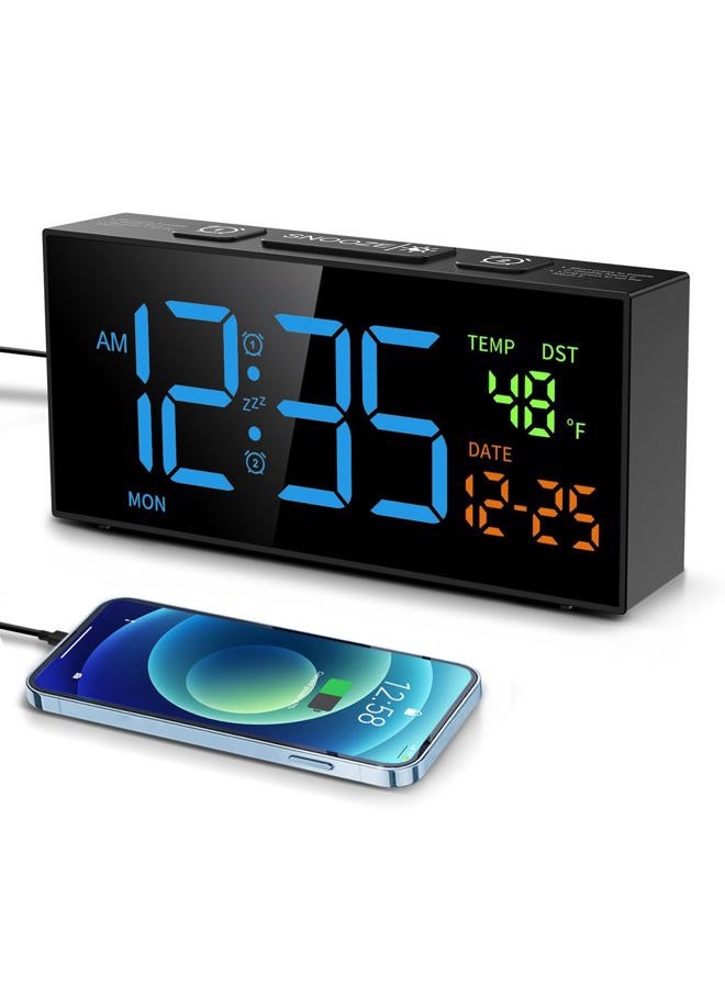 Netzu Alarm Clocks Bedside, Loud Alarm Clock with Temperature and Date, 10 Alarm Tones, 4 Volumes, Dual Alarm, Snooze, 5 Dimmer, Manual DST, USB Charger, Calendar Clock for Elderly (Blue) - Image 1