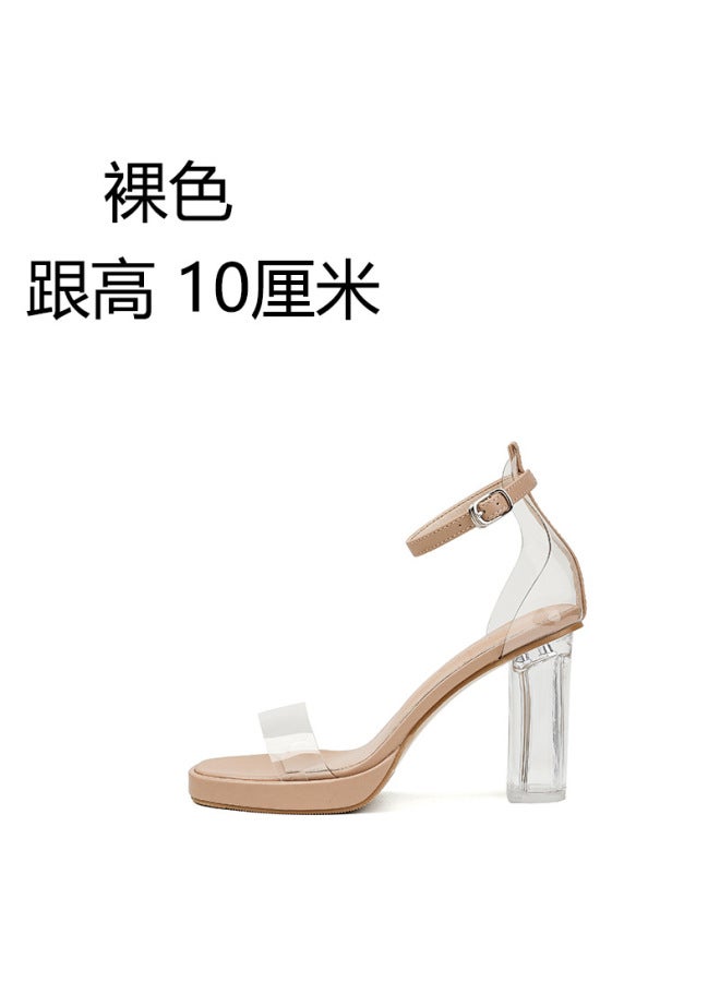 One-word Buckle Transparent High-heeled Shoes For Women  New Waterproof Platform Crystal Medium Thick Heel Sandals For Women Summer Fairy Style