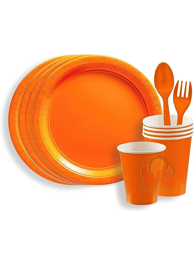 Raxoom TIME - 24 Pieces Party Supplies Tableware Set Includes 6 - 9" Paper Dinner Plates 6 - 9 Oz Cups, 6 - 6" Spoon and 6 - 6" Forks for Plain Color Theme Disposable Birthday Dinnerware (Orange) - Image 1