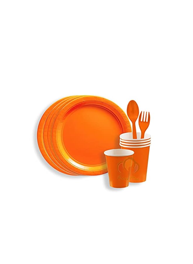 Raxoom TIME - 24 Pieces Party Supplies Tableware Set Includes 6 - 9" Paper Dinner Plates 6 - 9 Oz Cups, 6 - 6" Spoon and 6 - 6" Forks for Plain Color Theme Disposable Birthday Dinnerware (Orange) - Image 2