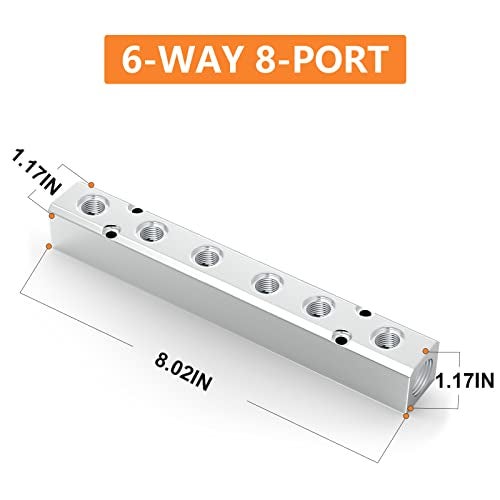 GASHER 1PCS Aluminum 6 Way 8 Port Pneumatic Manifold Air Distribution Block Splitter 1/4" Output Port 1/2" Supply Port - Image 2
