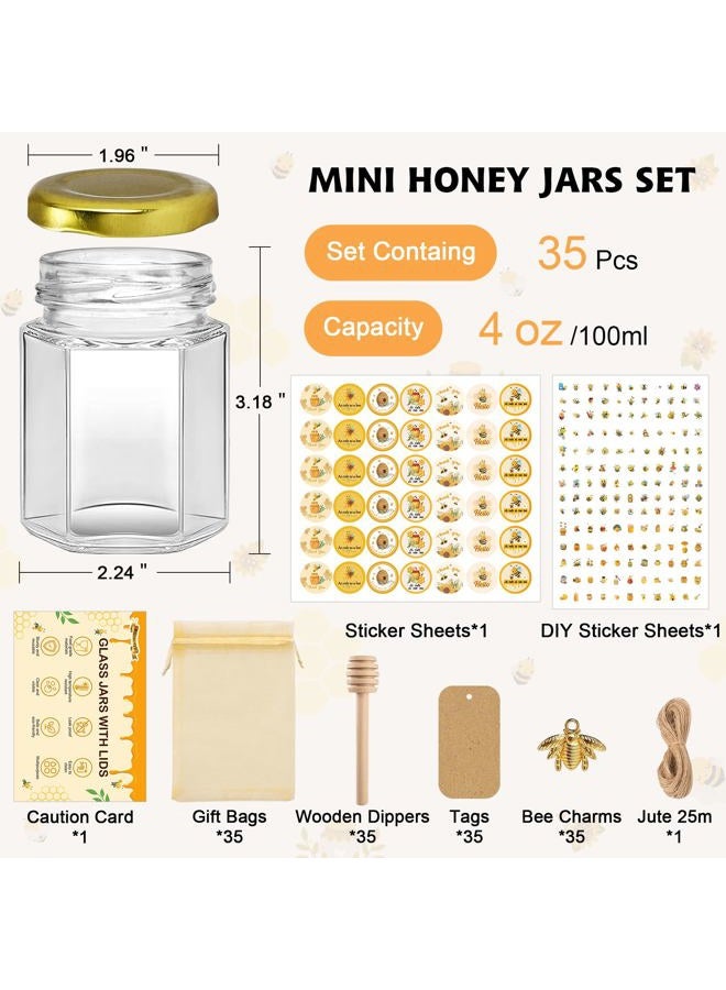 BGraceyy 35 Pack 4 oz Mini Hexagon Glass Honey Jars with Dippers, Gold Lids, Bee Stickers, Bee Charms, Gift Bags & Jute– Empty Small Honey Jars for Party Favors Bulk, Ideal for Baby Showers ＆ Weddings - Image 2