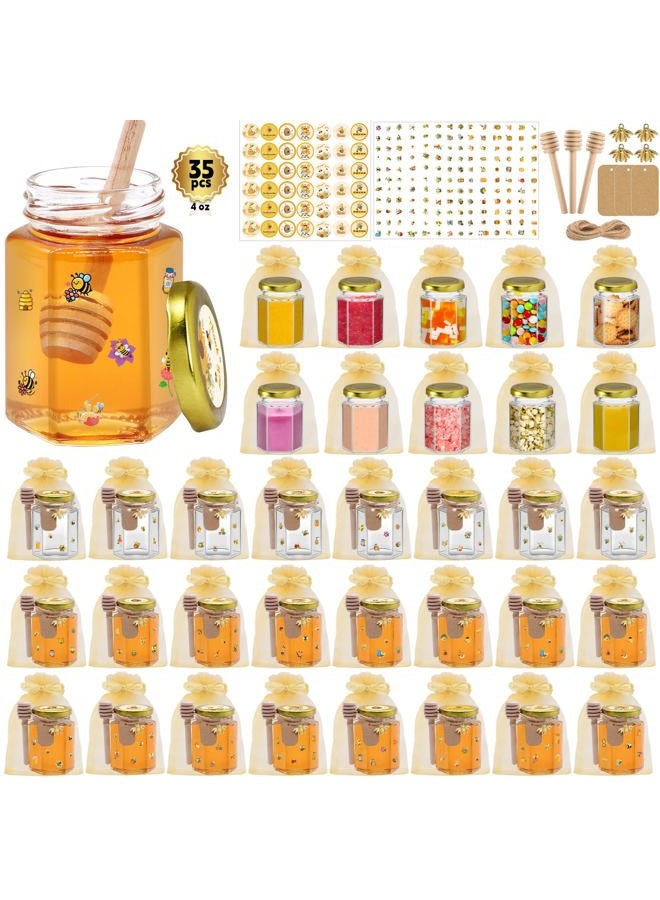BGraceyy 35 Pack 4 oz Mini Hexagon Glass Honey Jars with Dippers, Gold Lids, Bee Stickers, Bee Charms, Gift Bags & Jute– Empty Small Honey Jars for Party Favors Bulk, Ideal for Baby Showers ＆ Weddings - Image 1