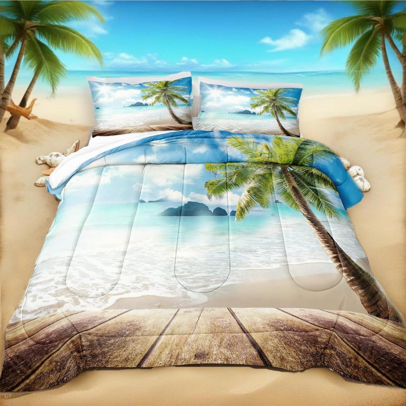 Bedbay Coastal Beachy Comforter Set King Beach Themed Comforter Bedding Set Tropical Palm Tree Quilt Set 3 Pcs Beach Room Decor Ocean Coastal Bedding Set King Duvet Set