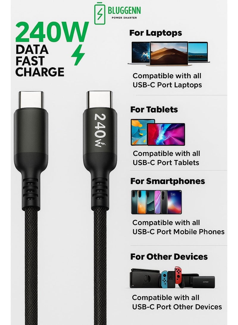 بلجن كابل شحن ونقل بيانات Type-C إلى Type-C بقوة 240 واط – سرعة فائقة 480Mbps، بطول 1.2 متر، خيط نايلون مضفر متين، متوافق مع اللابتوبات والهواتف الذكية والأجهزة اللوحية - Image 1