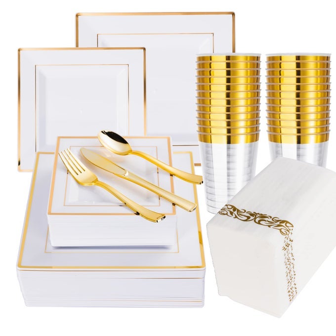 50 GUEST GOLD DINNERWARE SET100 WHITE SQUARE PLASTIC PLATES WITH GOLD RIM 50 PLASTIC FORKS 50 SPOONS 50 KNIVES 50 CUPS 50 NAPKINSDISPOSABLE DINNERWARE SET FOR MOTHERS DAY WEDDING