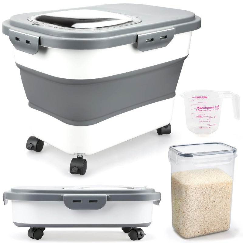 Komzon Rice Storage Containers, Collapsible 20 to 30Lbs Food Storage Bin Dispenser with Rolling Wheel and Clear Airtight Lid, BPA Free Flour, Sugar, Cereal and Dog Cat Pet food Containers - Image 1