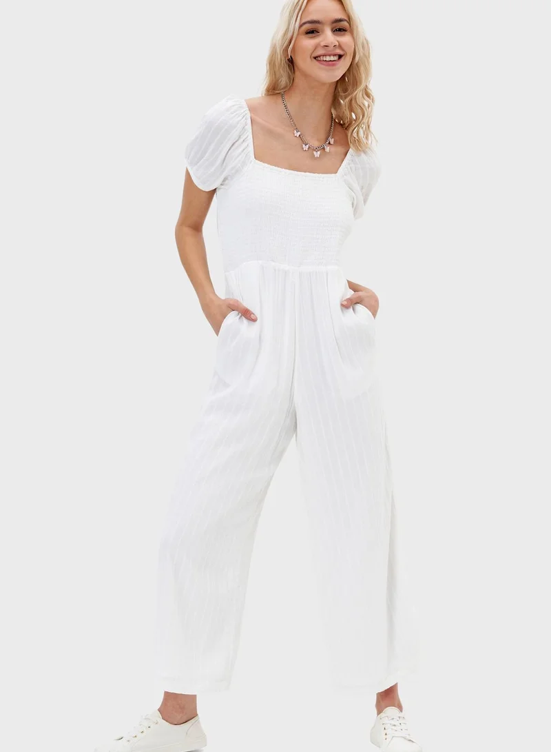 American Eagle Puff Sleeve Wide Leg Jumpsuit
