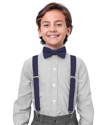 BELLUNO Marine Blue Suspenders and Pre-tied Bow Tie Set, Cotton and Linen, Teens and Youths - Image 2