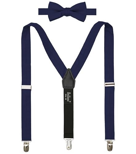 BELLUNO Marine Blue Suspenders and Pre-tied Bow Tie Set, Cotton and Linen, Teens and Youths - Image 3