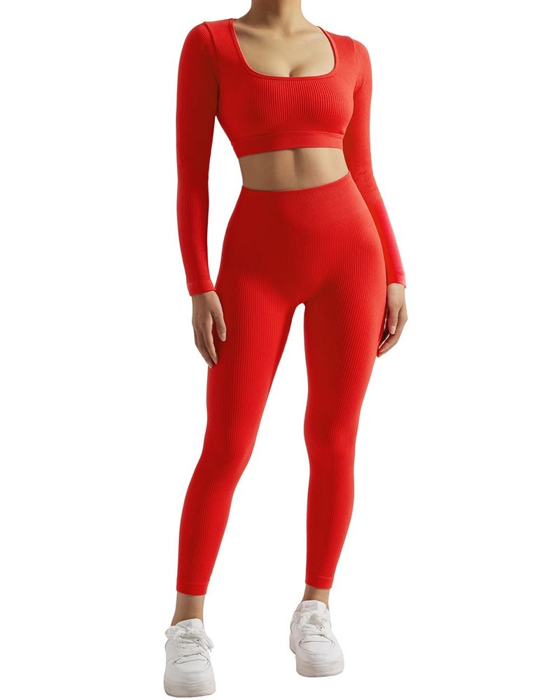 SUUKSESS Open Back Long Sleeve Scrunch Butt Booty Leggings Seamless Ribbed Workout Sets 2 Piece Outfits (#2 Red, S) - Image 3