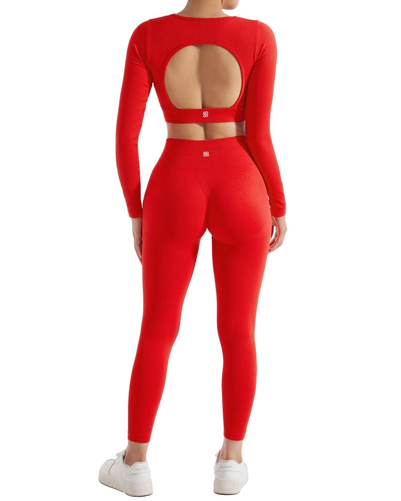 SUUKSESS Open Back Long Sleeve Scrunch Butt Booty Leggings Seamless Ribbed Workout Sets 2 Piece Outfits (#2 Red, S) - Image 2