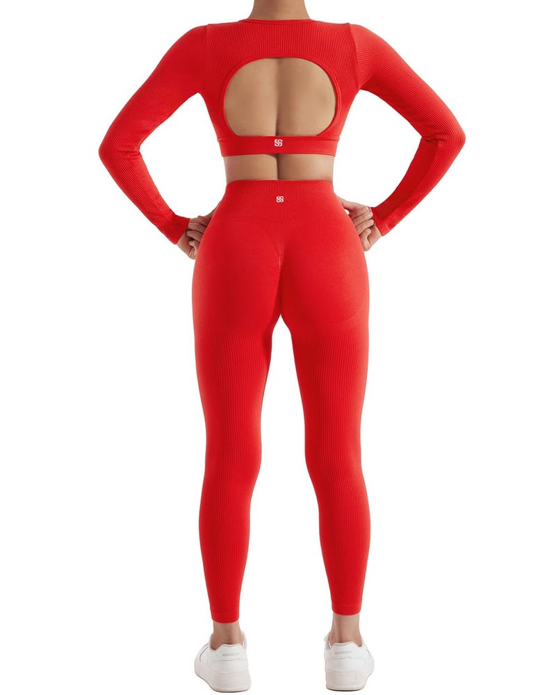 SUUKSESS Open Back Long Sleeve Scrunch Butt Booty Leggings Seamless Ribbed Workout Sets 2 Piece Outfits (#2 Red, S) - Image 4