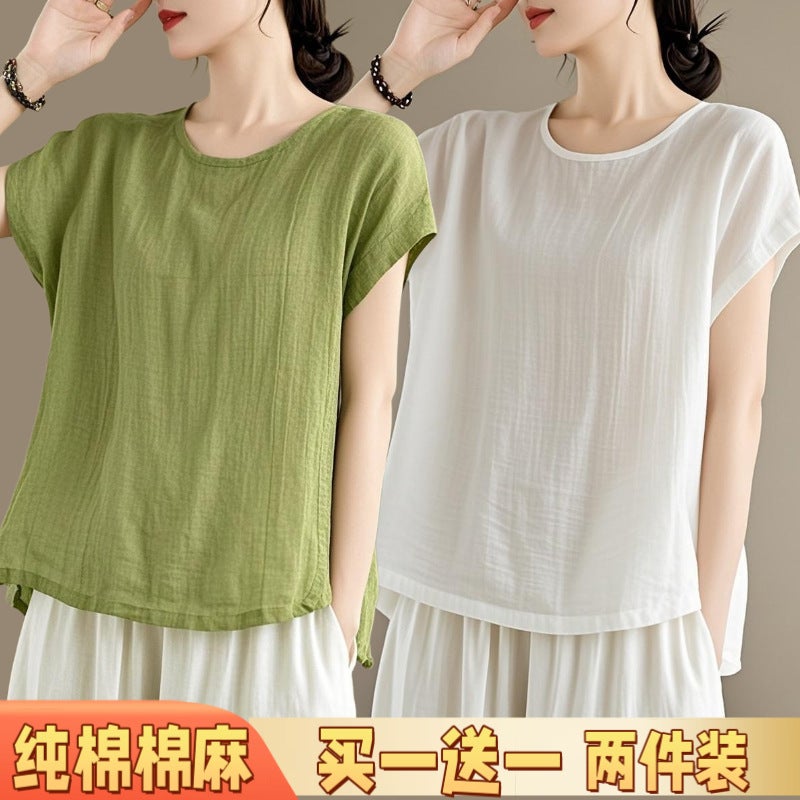 Plus Size Commuter Style Korean Style Pure Color Short-Sleeved T-Shirt Summer Thin Cotton Women'S Casual Style Two-Piece Linen White - Image 1