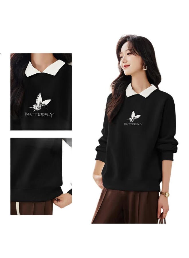 Pincai Women's Sweater With Contrast Collar And Butterfly Print, Korean Style Casual Loose Fit Top - Image 3