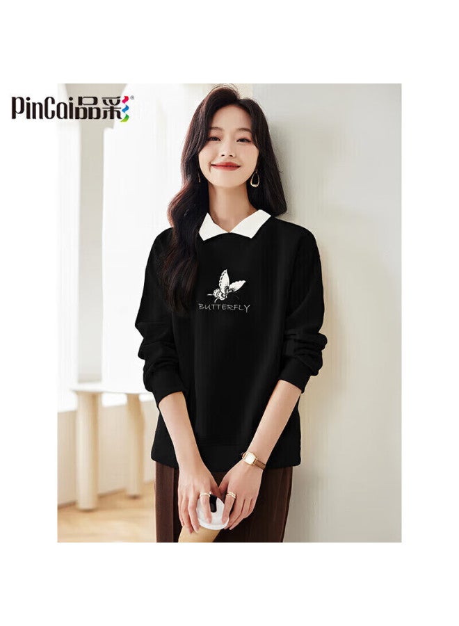 Pincai Women's Sweater With Contrast Collar And Butterfly Print, Korean Style Casual Loose Fit Top - Image 1
