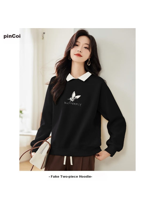 Pincai Women's Sweater With Contrast Collar And Butterfly Print, Korean Style Casual Loose Fit Top - Image 2