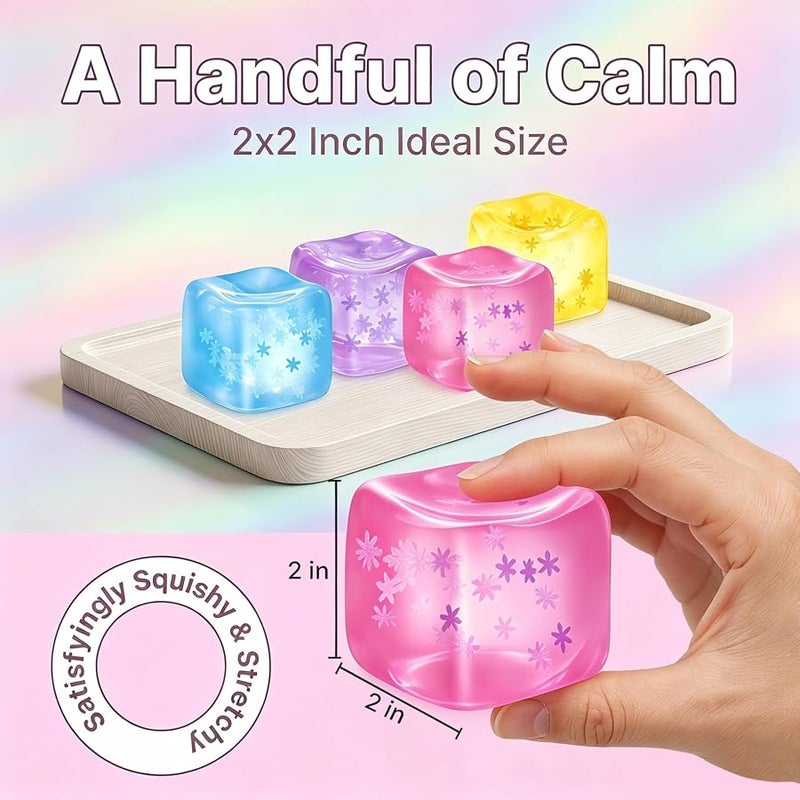 Siwarm Fidget Toy Stress Cube- 4 Pack Sensory Squeeze Toys, Slow Rising Squishy Cube Filled with Thick Substance and Snowflakes Crafts, Anxiety Stress Relief Calming Tool for Adults and Kids - Image 2