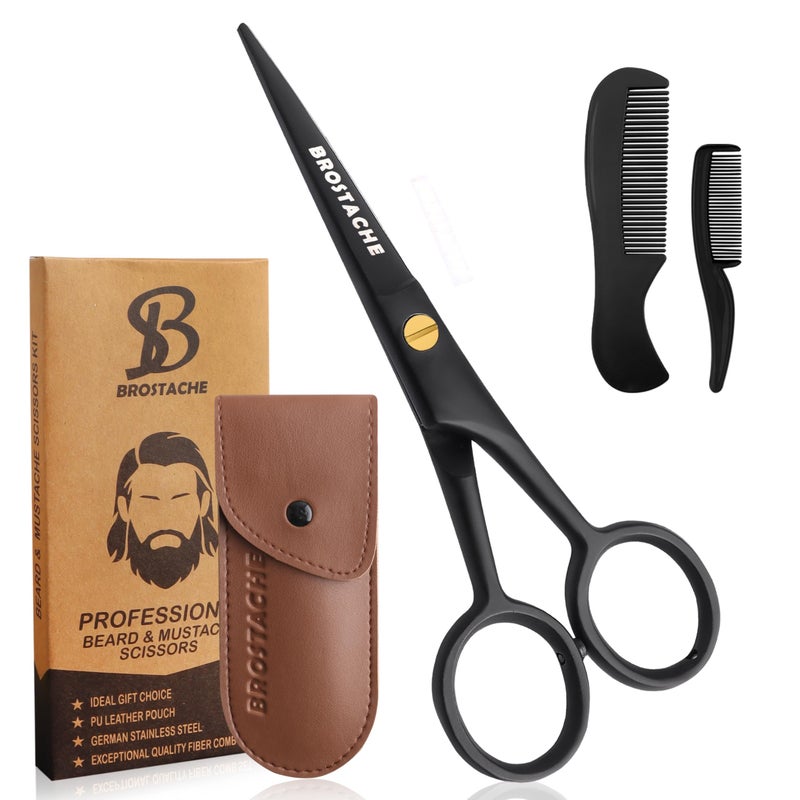BROSTACHE 5â€ Professional Beard and Mustache Scissors, German Steel Beard Scissors Come with Mustache Comb, Beard Comb and Carrying Pouch. Grooming Scissor for All Facial Hair Scissors (Black) - Image 1