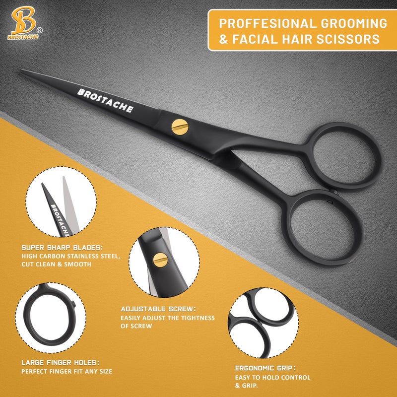 BROSTACHE 5â€ Professional Beard and Mustache Scissors, German Steel Beard Scissors Come with Mustache Comb, Beard Comb and Carrying Pouch. Grooming Scissor for All Facial Hair Scissors (Black) - Image 4