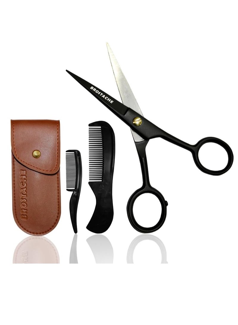 BROSTACHE 5" Beard & Mustache trimming Scissors for Men, 2 comb & Travel carrying Pouch, Hand forged with Bevel edge For precision, Mustache kit for men, Extremely Sharp Scissors - Image 1