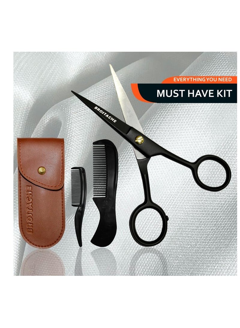 BROSTACHE 5" Beard & Mustache trimming Scissors for Men, 2 comb & Travel carrying Pouch, Hand forged with Bevel edge For precision, Mustache kit for men, Extremely Sharp Scissors - Image 2
