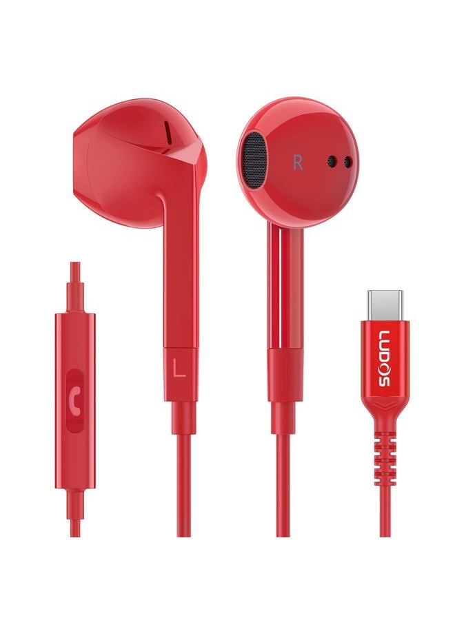 Ludos Ferox USB C Headphones, 5 Year Warranty for iPhone 15 Pro Max Plus Samsung Galaxy S23 Ultra S22 S21 FE S20 A53 A54, USB Type C Earphones with Microphone In-Ear with Cable for iPad Pro - Red - Image 1