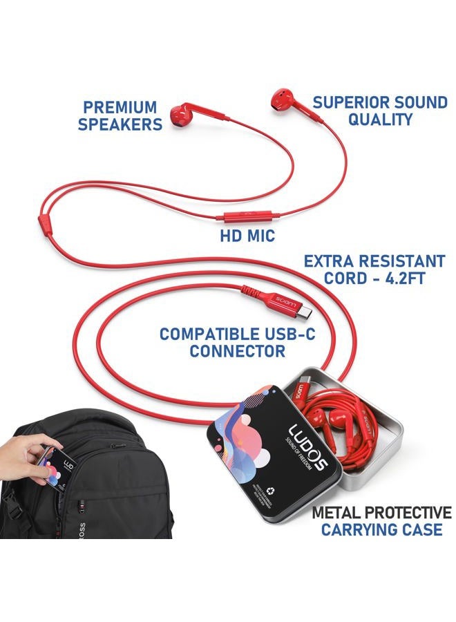 Ludos Ferox USB C Headphones, 5 Year Warranty for iPhone 15 Pro Max Plus Samsung Galaxy S23 Ultra S22 S21 FE S20 A53 A54, USB Type C Earphones with Microphone In-Ear with Cable for iPad Pro - Red - Image 3