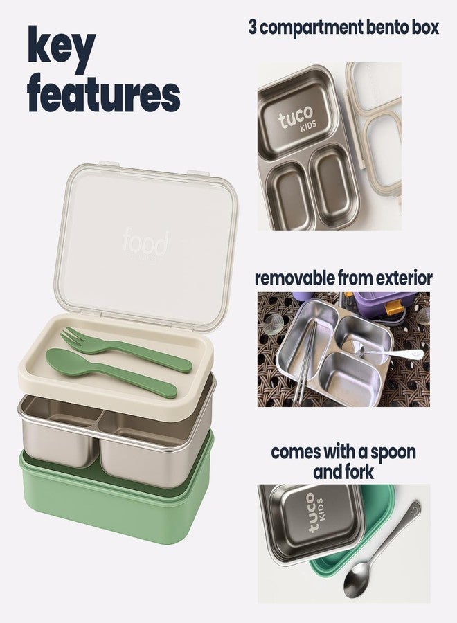 TuCo® Lunch Box 3 Compartment 100% Leak-Proof BPA Free 304 Stainless Steel | Rectangle Lunch Box for Kids, Girls, School & Office with a Spoon, Dull Skin Soap | 820ml-Green and White - Image 4