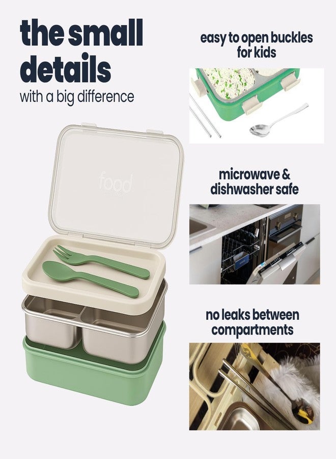 TuCo® Lunch Box 3 Compartment 100% Leak-Proof BPA Free 304 Stainless Steel | Rectangle Lunch Box for Kids, Girls, School & Office with a Spoon, Dull Skin Soap | 820ml-Green and White - Image 5