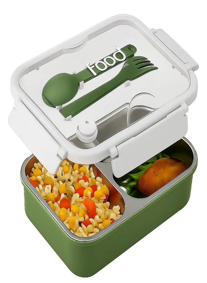 TuCo® Lunch Box 3 Compartment 100% Leak-Proof BPA Free 304 Stainless Steel | Rectangle Lunch Box for Kids, Girls, School & Office with a Spoon, Dull Skin Soap | 820ml-Green and White - Image 1