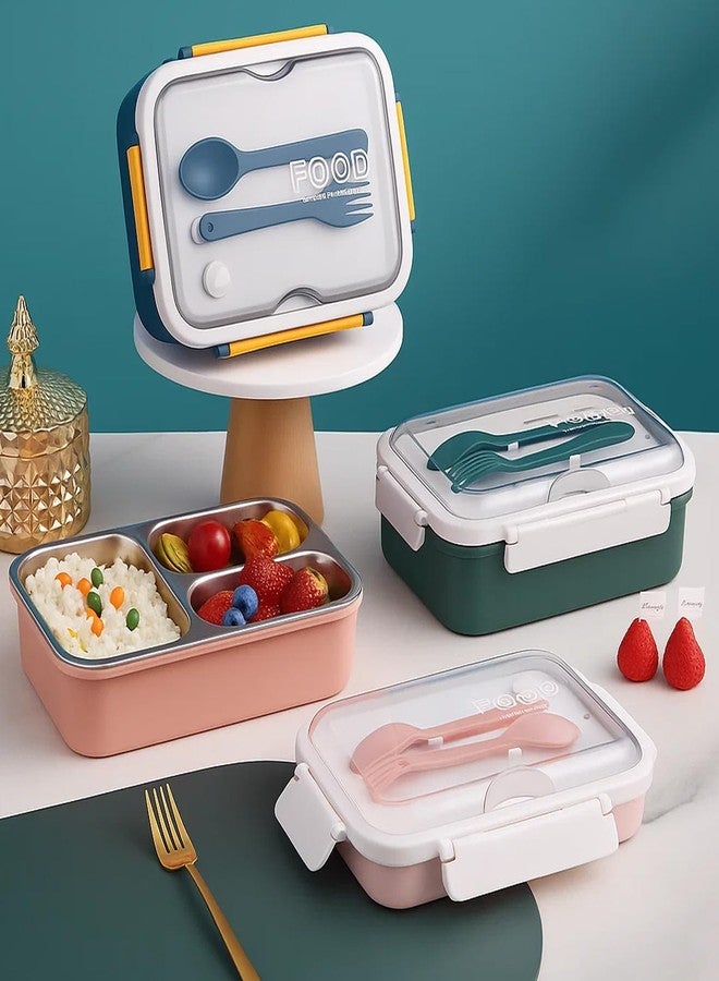 TuCo® Lunch Box 3 Compartment 100% Leak-Proof BPA Free 304 Stainless Steel | Rectangle Lunch Box for Kids, Girls, School & Office with a Spoon, Dull Skin Soap | 820ml-Green and White - Image 2