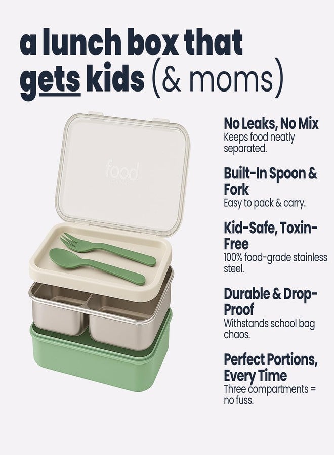 TuCo® Lunch Box 3 Compartment 100% Leak-Proof BPA Free 304 Stainless Steel | Rectangle Lunch Box for Kids, Girls, School & Office with a Spoon, Dull Skin Soap | 820ml-Green and White - Image 3