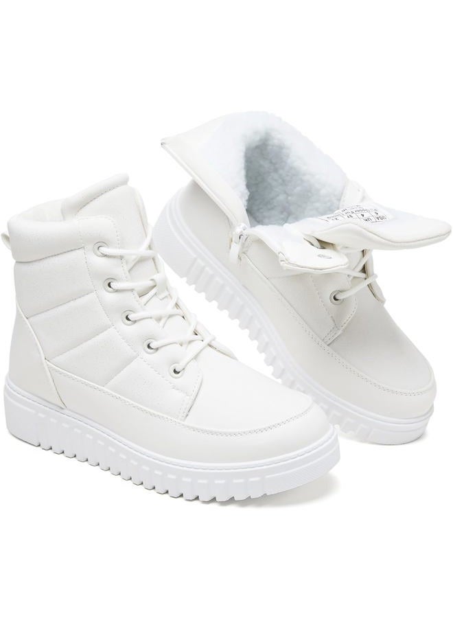 Shupua Ankle Boots for Women Winter Combat Boots Womens Hiking Sneakers Shoes Warm Snow Booties with Zipper, White, 7 - Image 1