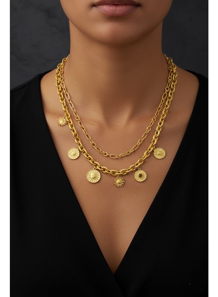 FLUFFY Women’s Necklace Double Layered Sun Pendants - Image 1
