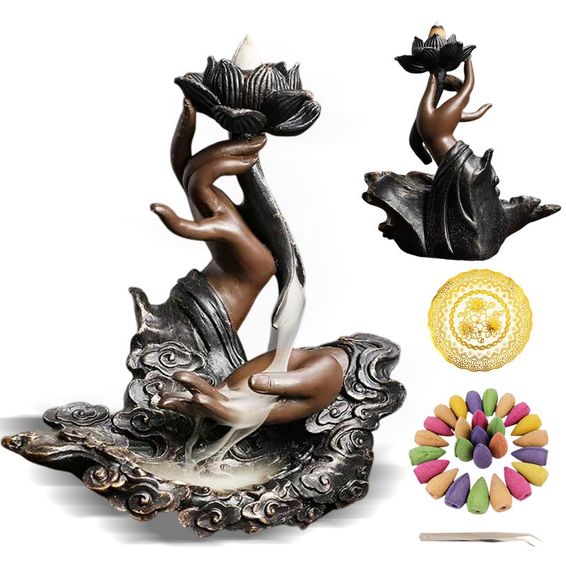 RE RELIURE Lotus Backflow Incense Burner,Ceramic Cone Holder, Incense Waterfall Fountain,Incense Holder with 60 Backflow Incense Cones,Aromatherapy Waterfall Burner,Home Decor - Image 1