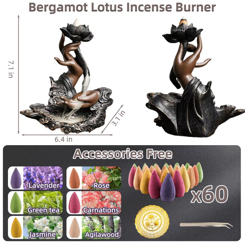 RE RELIURE Lotus Backflow Incense Burner,Ceramic Cone Holder, Incense Waterfall Fountain,Incense Holder with 60 Backflow Incense Cones,Aromatherapy Waterfall Burner,Home Decor - Image 2