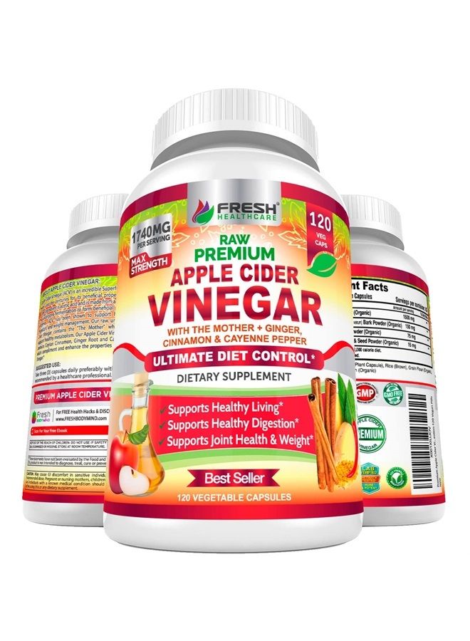 FRESH HEALTHCARE Apple Cider Vinegar Capsules Max 1740mg with Mother - 100% Natural & Raw with Cinnamon, Ginger & Cayenne Pepper - Ideal for Healthy Living, Detox & Digestion -120 Vegan Pills - Image 1