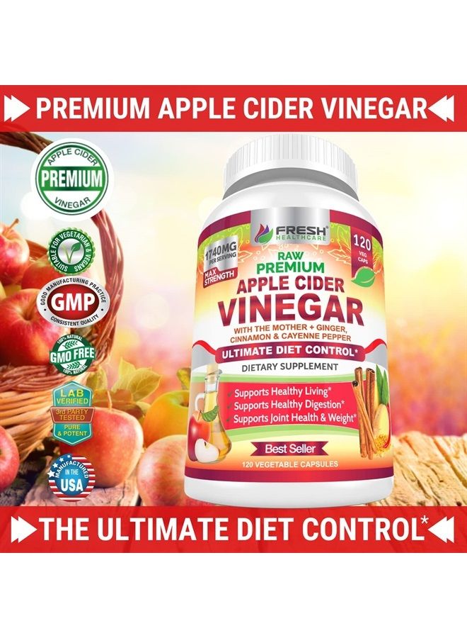 FRESH HEALTHCARE Apple Cider Vinegar Capsules Max 1740mg with Mother - 100% Natural & Raw with Cinnamon, Ginger & Cayenne Pepper - Ideal for Healthy Living, Detox & Digestion -120 Vegan Pills - Image 3
