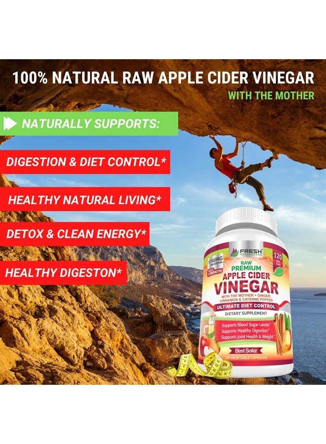 FRESH HEALTHCARE Apple Cider Vinegar Capsules Max 1740mg with Mother - 100% Natural & Raw with Cinnamon, Ginger & Cayenne Pepper - Ideal for Healthy Living, Detox & Digestion -120 Vegan Pills - Image 2