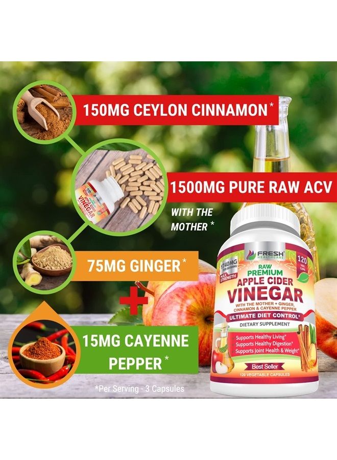 FRESH HEALTHCARE Apple Cider Vinegar Capsules Max 1740mg with Mother - 100% Natural & Raw with Cinnamon, Ginger & Cayenne Pepper - Ideal for Healthy Living, Detox & Digestion -120 Vegan Pills - Image 4