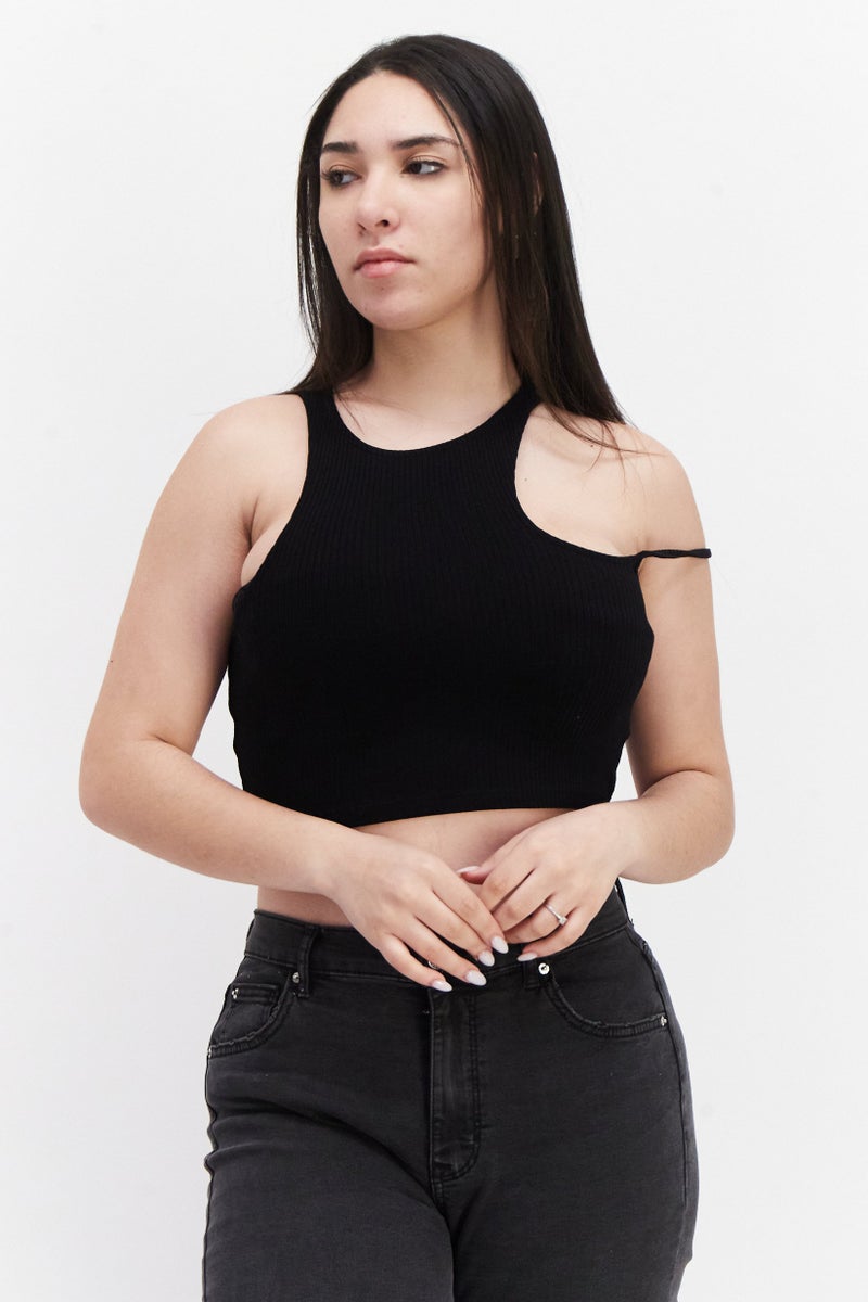 Pull & Bear Women Crew Neck Sleeveless Solid Top, Black  - Image 1