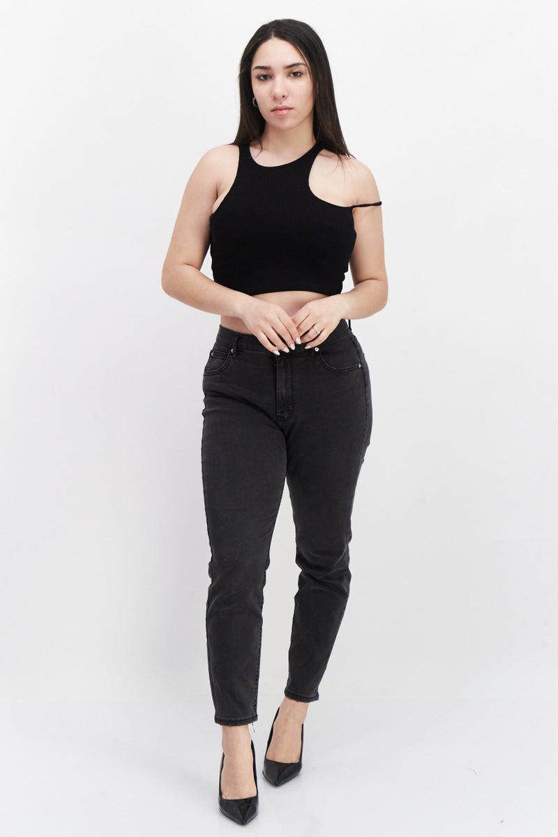 Pull & Bear Women Crew Neck Sleeveless Solid Top, Black  - Image 4